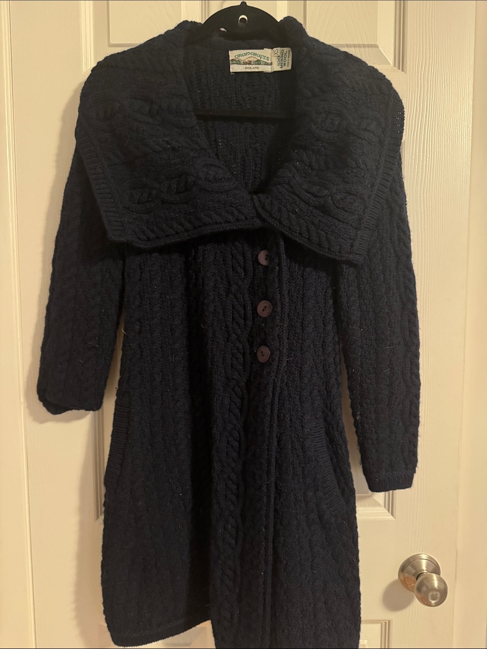 Aran Crafts navy cable-knit shawl-collar long cardigan 100% Irish wool